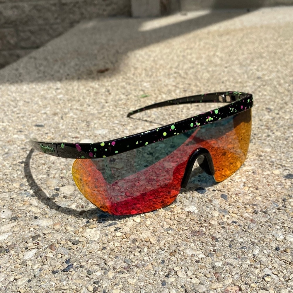 1980s Retro Neon Paint Splatter Wrap‎ Shield Sunglasses Red Mirrored Lens Rave